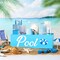 Summer Storage Basket Blue Pool Wooden Box with Three Compartments Toilet Tank Tray for Indoor Outdoor Swimming Pool Decor Sunblock Sunglasses Pool Toy Storage Box